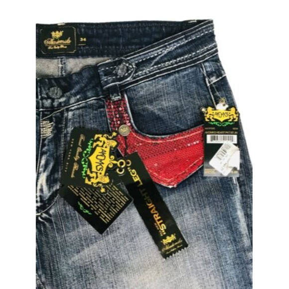 Akademiks AKDMKS Straight Leg Jean Blue Heart Red Sequin 98% Cotton Size 34 NWT - Picture 6 of 12
